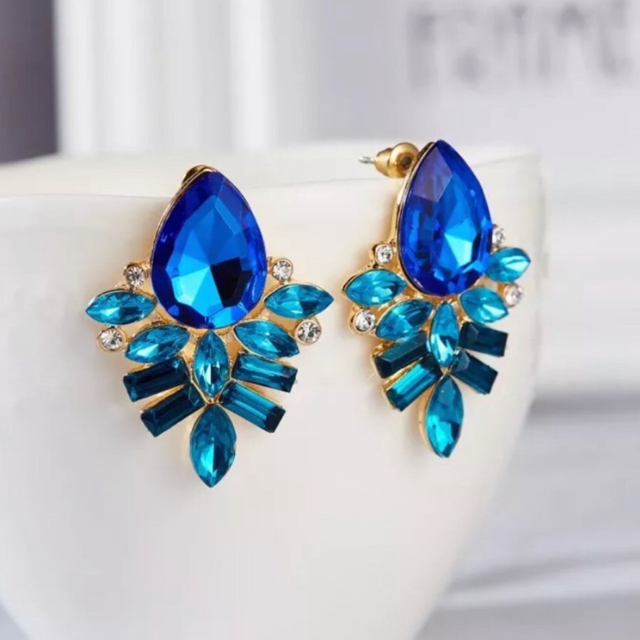 7/$35exquisite Blue Gemstone Rhinestone Statement Earrings 925 Silver Post Nwt